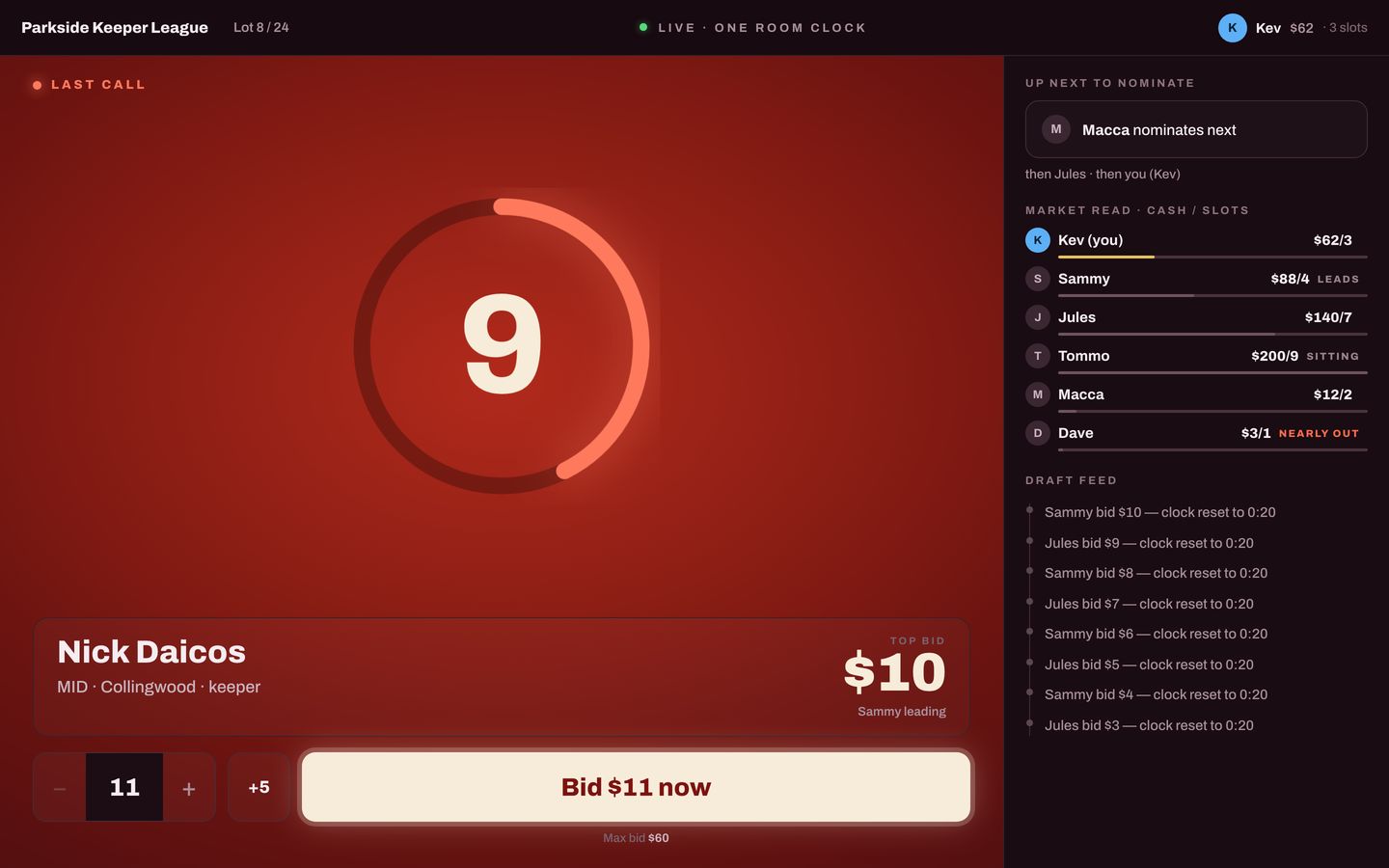 Gavel on a laptop in last call: nine seconds left, Nick Daicos at $10, Sammy leading, with every coach&rsquo;s cash and the draft feed down the side.