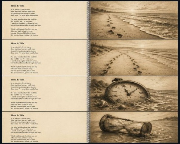 ChatGPT output - a flip-book pairing the poem Time and Tide with four detailed sepia illustrations: footprints on sand, a shoreline path, a pocket watch, and an hourglass.