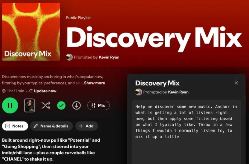 Spotify’s Discovery Mix prompted playlist beside the natural-language prompt used to generate it.